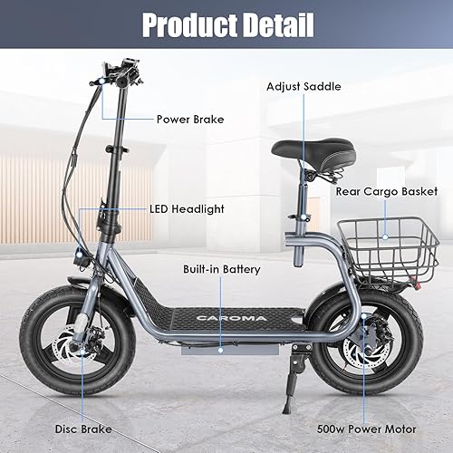 Miniatura 8 de Caroma Peak 500W800W1200W Electric Scooter with Seat,14" Fat Tire Electric Scooter for Adults,30 Miles Range&20MPH Max Speed,E Scooter 300 LBS Max