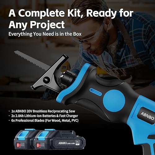 Miniatura 5 de Sierra Recíproca Inalámbrica de 20V, Sierra Recíproca Eléctrica sin Escobillas con 2 Baterías y 6 Hojas, Cambio de Hoja sin Herramientas, Sierra