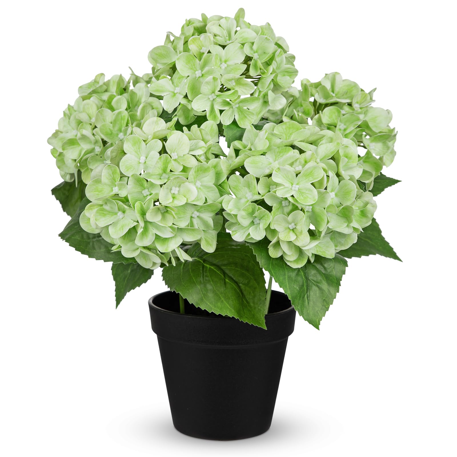 Briful 35 CM Hydrangea Artificial Flowers in Pot - Real Touch Faux Hydrangea with 4.7" Flower Heads - Green Artificial Flowers Fake Indoor Plants for Windowsill, Bathroom Shelf, Kitchen Decor