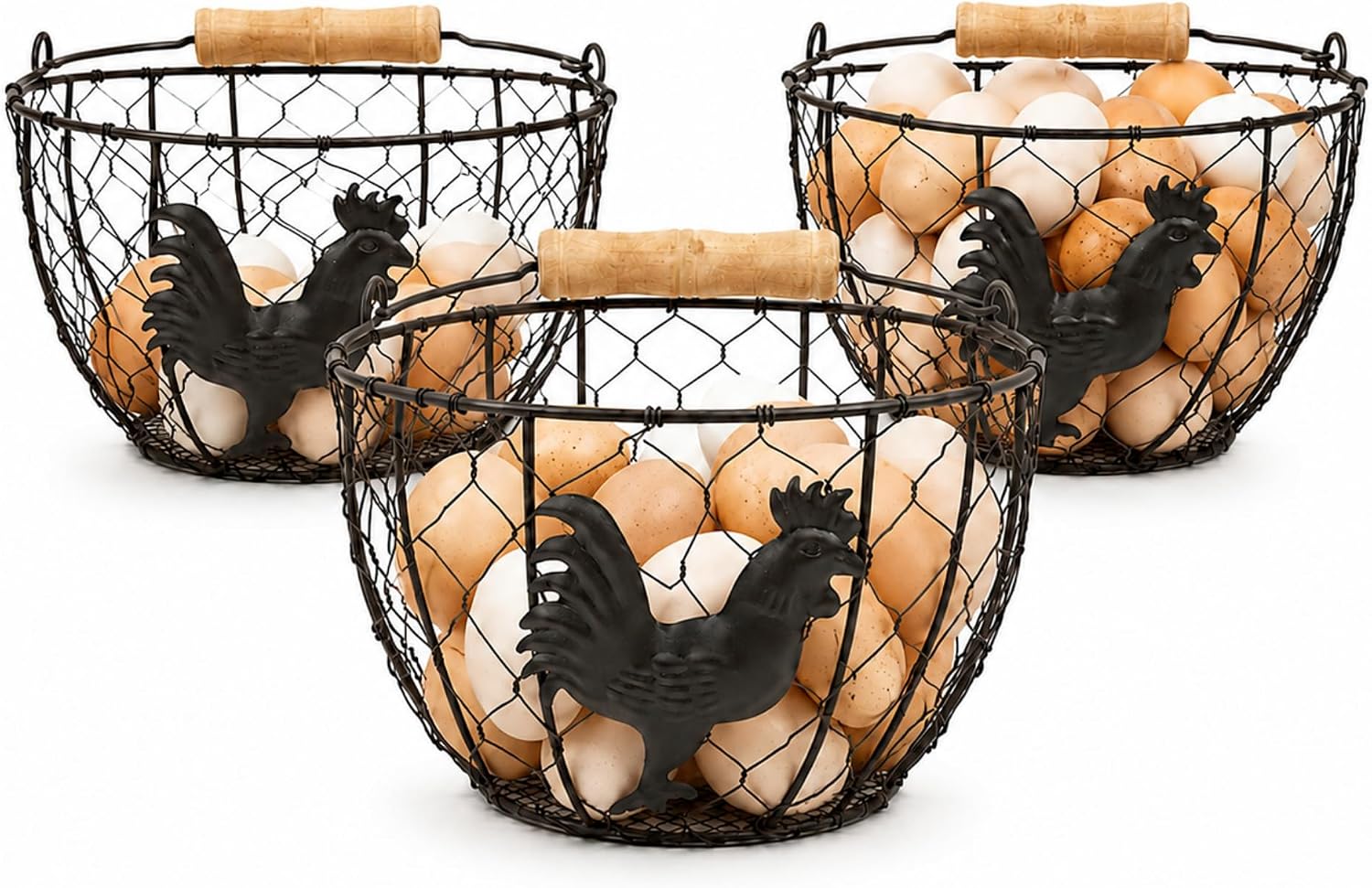 3 Pack 8 Inch Egg Basket for Gathering Fresh Eggs, Farmhouse Wire Holder with Wood Handle, Rustic Metal Round Countertop Storage with Rooster Pattern for Chicken Coop, Kitchen and Pantry