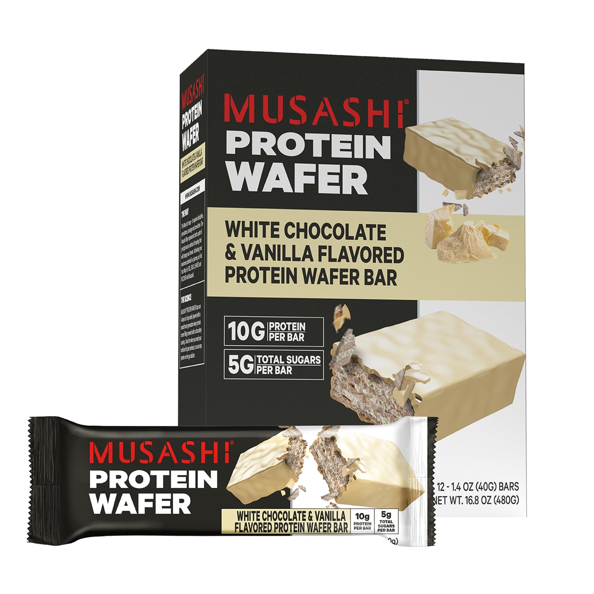 MUSASHI Protein Wafer Bar, 10g Protein, 5g Total Sugars, White Chocolate & Vanilla, Post Workout and Protein Snack On The Go, 12 Pack of 1.4oz (40g) Bars