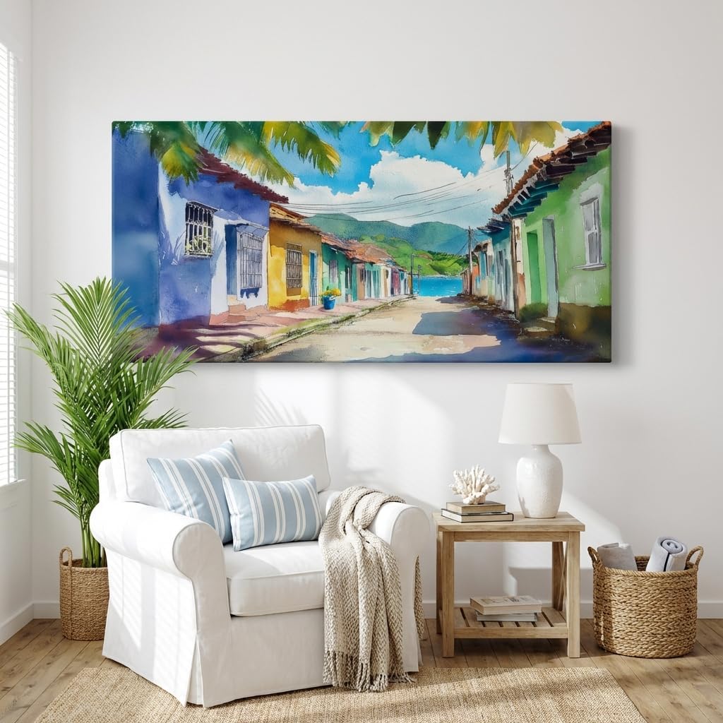 ZESTRILIA Caribbean Street Wall Art Paintings Watercolor Seaside Village Print Canvas Painting Prints Coastal Scenic Modern Artwork Office Living Room Bedroom Décor (40x20 Inches)