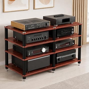 4 Tier Heavy Duty AV Media Stand, Stereo Stands and Racks, Teak | Audio Tower HIFI Rack Stereo Shelf 352 lb Load Capacity, vibration-dampening feet, open ventilation, Built for Hi-Fi systems