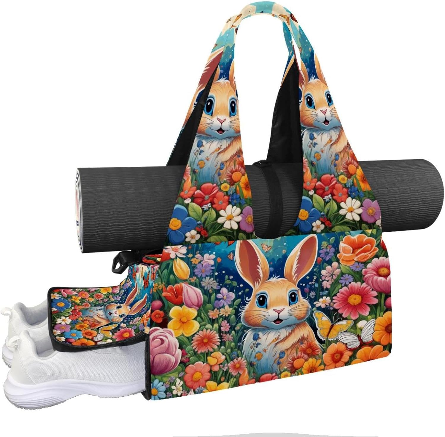 Gym Bag for Women, Mushroom Flowers Yoga Mat Bag with Shoe Compartment, Sport Yoga Gym Bag with Yoga Strap, Carryall Yoga Tote Bag