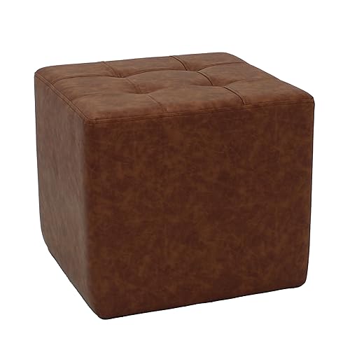 Tufted Square Accent Ottoman; Distressed Faux Leather, Hand Upholstered Commercial-Grade