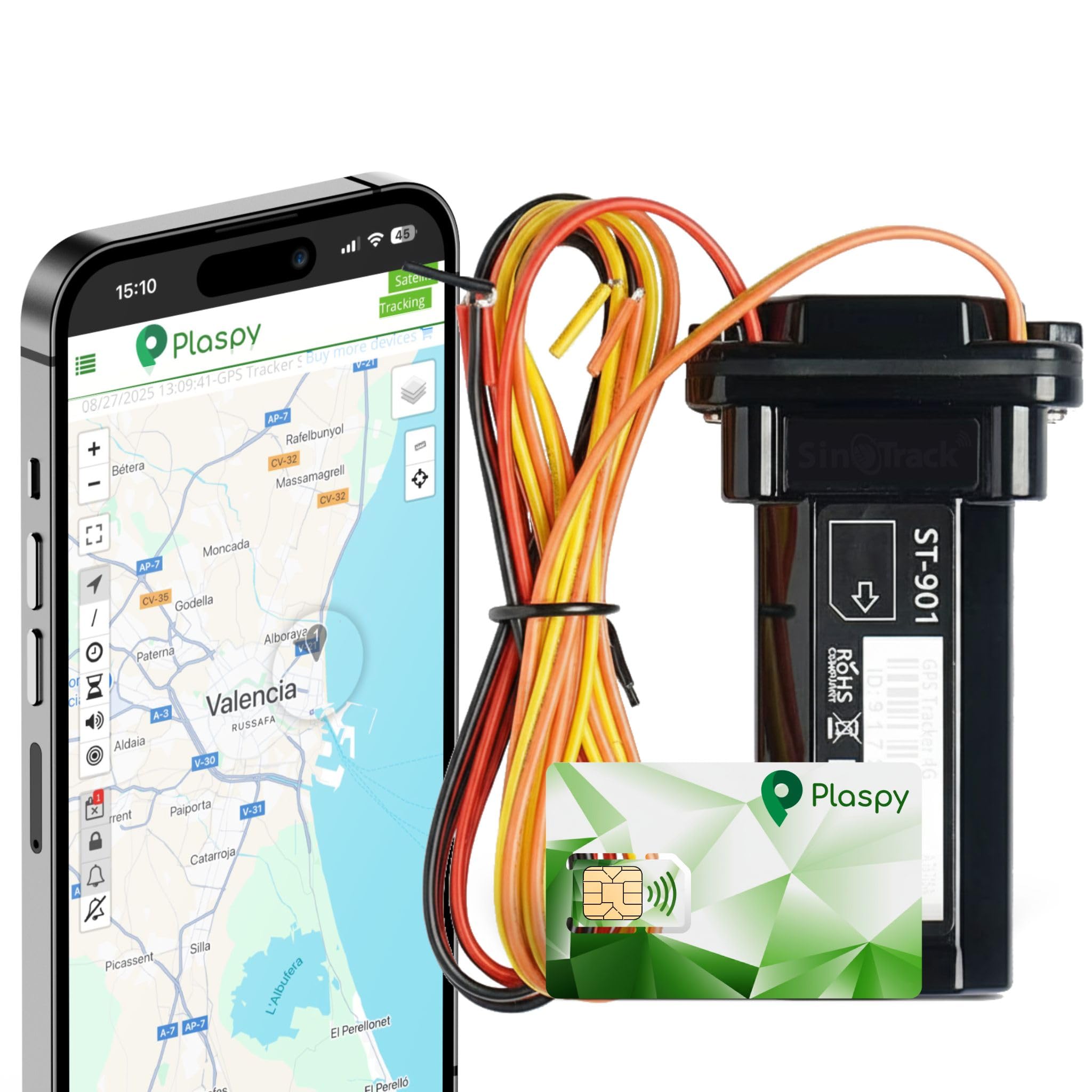 Localizador GPS para Coche y Moto con Plataforma GPS Plaspy 1 Año + SIM con Datos - Rastreador Vehículos en Tiempo Real (App y Web)