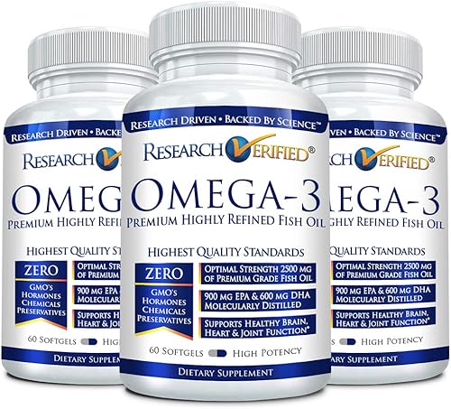 Research Verified Omega 3 - Aceite de pescado Omega 3 - Ácidos grasos Omega 100% puros de alta calidad - Alto EPA 800 mg + DHA 600 MG sin regusto,