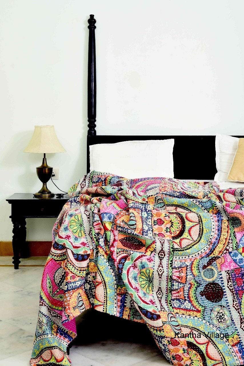 Couvre-lit indien Kantha 100% coton multicolore pour lit double