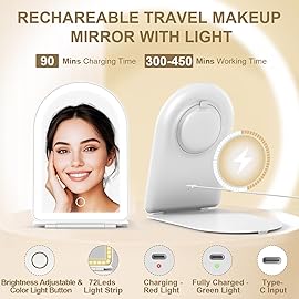 Mocado Travel Makeup Mirror with Light, 1x/10x Magnifying Mirror with Light, 3 Colors Lighted Magnifying Mirror, 2000mAh Rechargeable Lighted Makeup Mirror, Memory Function (Arched-White)