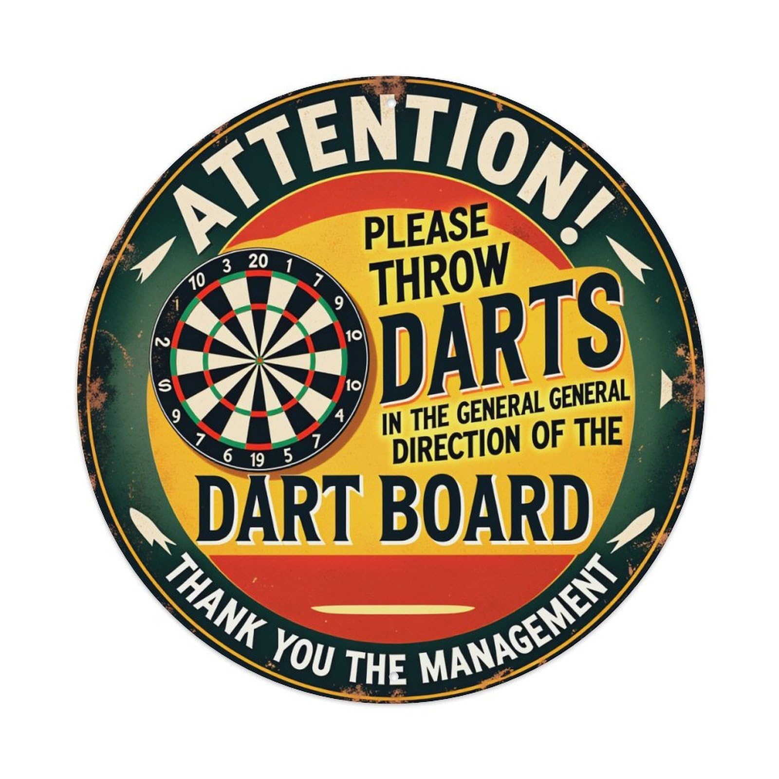 Attention Please Throw Darts Dart Board Thank You Management Round Tin Sign Vintage Metal Poster, Home Bar Garage Man Cave Cafe Indoor & Outdoor Wall Decoration 8x8Inches