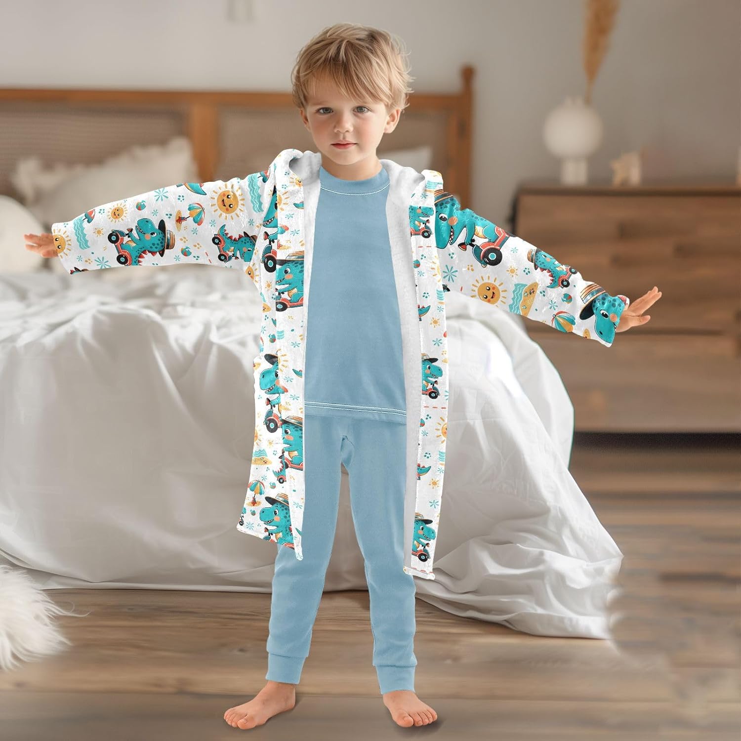 senya Dinosaur Driver Toddler Hooded Bathrobe Kids Soft Plush Bath Towel Robes for Boys Girls 2-12 Years