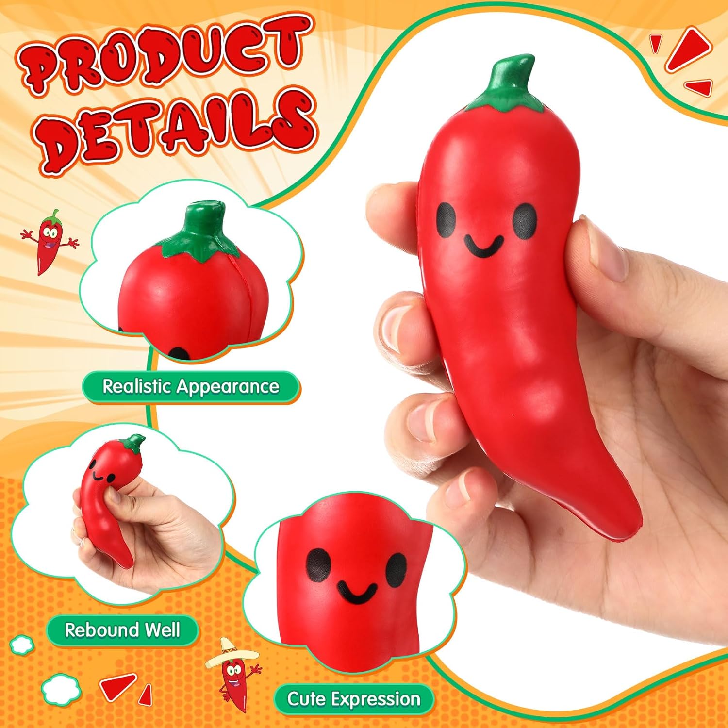 30 Pcs Chili Pepper Stress Balls Cinco De Mayo Funny Emotional Stress Balls for Adult Employee Appreciation Gift Squeezable Foam Relief Mexican Festival Gift for Coworker Teacher Team Staff