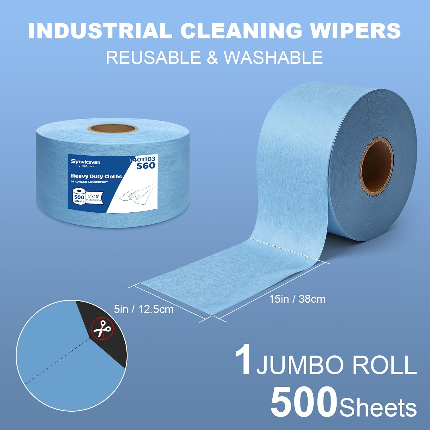 Cleanroom Wipes Heavy Duty Cloths, Lint-Free and Extra Absorbent Towels Jumbo Roll, Blue (15"x 5", 500 PCS)