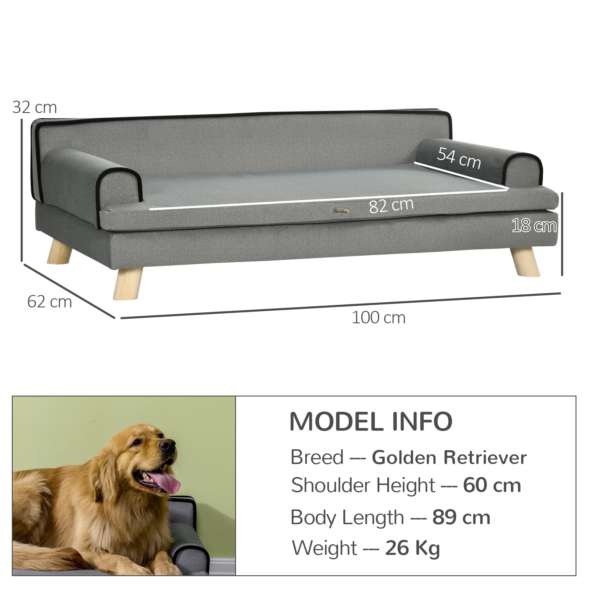 PawHut Divano per cani con gambe, tessuto impermeabile per cani di taglia grande e media, grigio