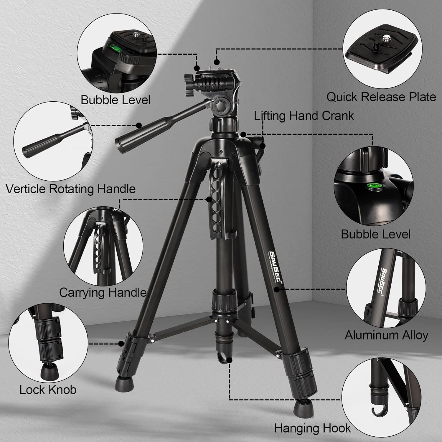 Laser Level Tripod 47" Adjustable, SAVSEC Tripod Stand Extendable Height with 2 Bubble, Release Plate with 1/4"-20 Screw Mount, Multi-Function Hook, Non-Slip Feet