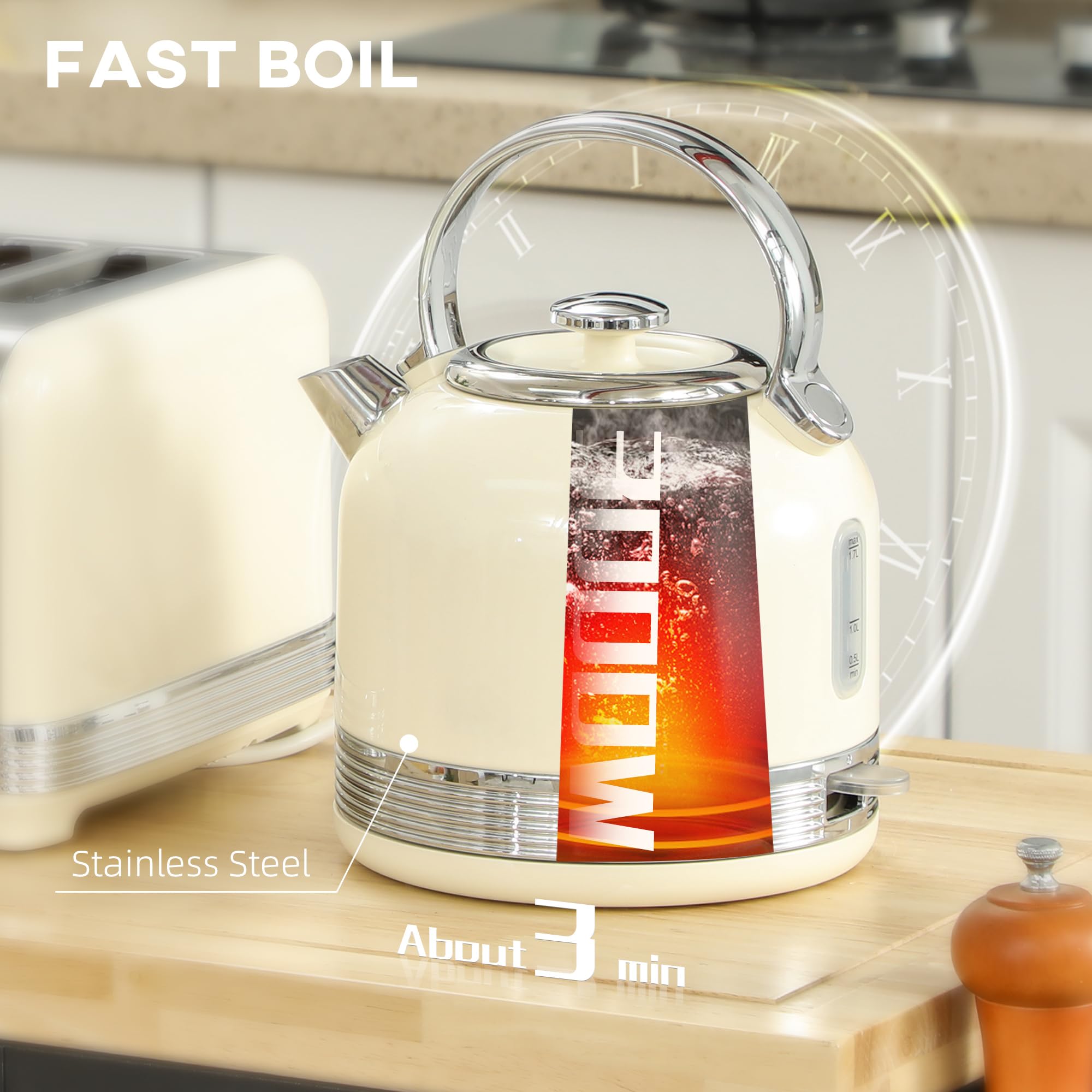 HOMCOM Juego de hervidor y tostadora de 2200 W, hervidor de acero inoxidable de 1,7 L con aislamiento y tostadora de 4 rebanadas, 7 niveles de dorado, descongelación, recalentamiento y bandeja