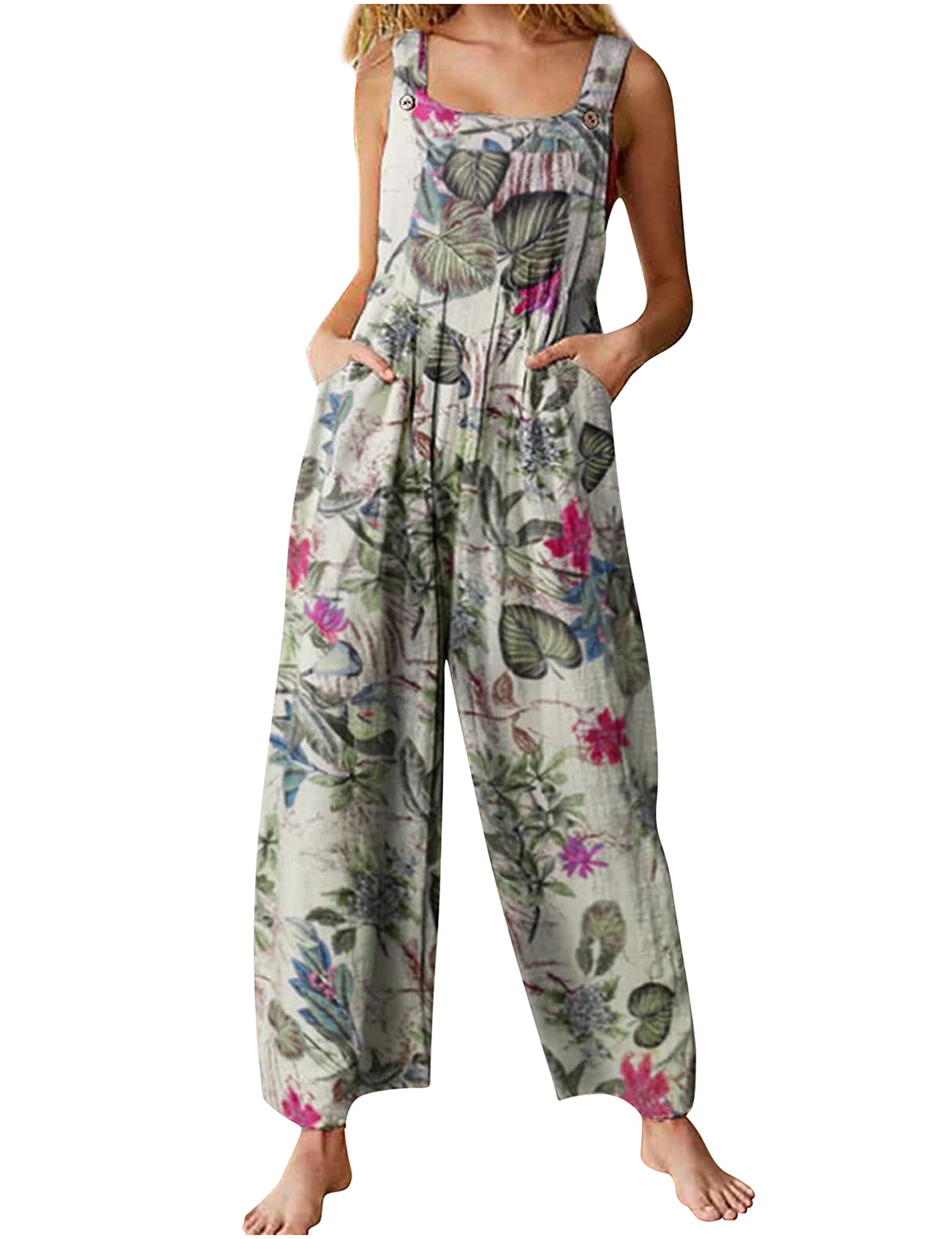 UANEO Overalls for Women Loose Fit Summer Wide Leg Jumpsuits Floral Boho Clothes