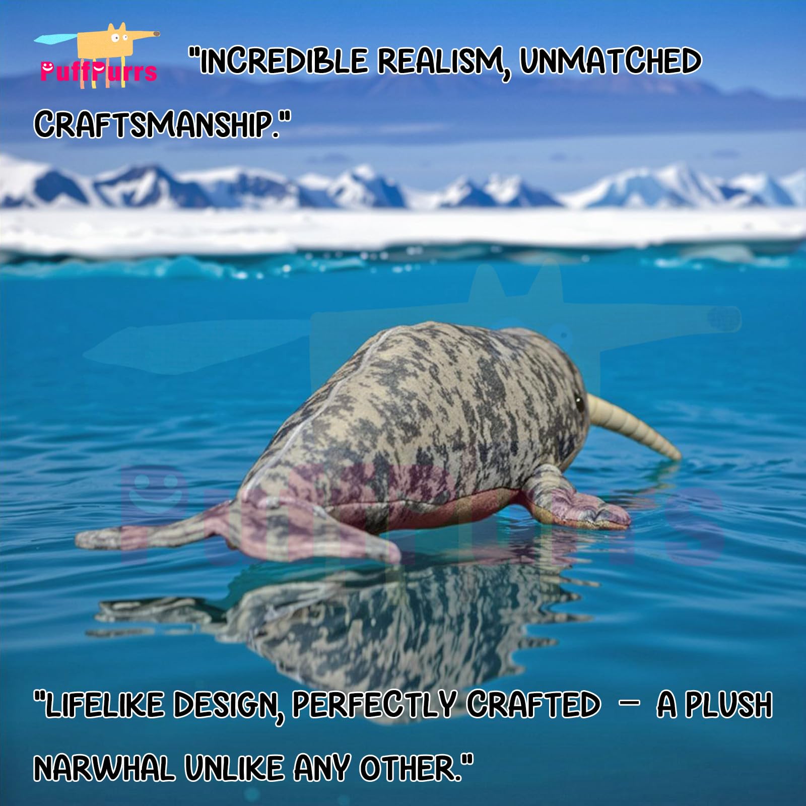 PuffPurrs Lifelike Narwhal Plush Toy, Realistic Monodon monoceros Teddy Stuffed Animal, Arctic Whale Unique Toy Gift, 15 Inch - Image 3