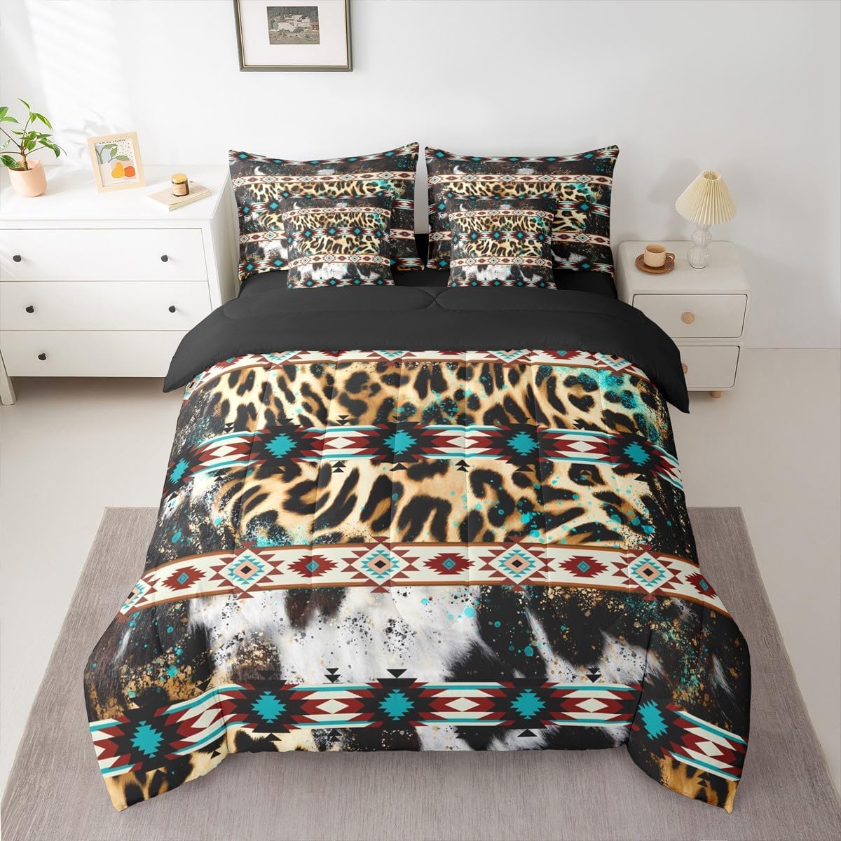 Erosebridal Aztec King Comforter Set Leopard Print 7-Piece Bed in A Bag Cowhide Exotic Fur Ink Splash Cheetah Ethnic Sheets and Pillowcases Beige Green Bed Sets