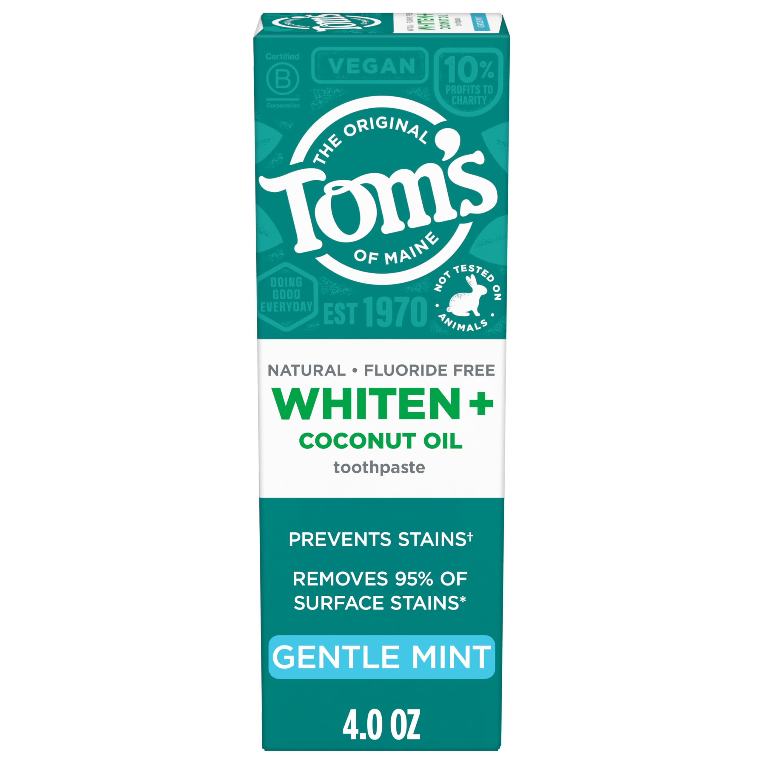 Whiten Plus Coconut Oil Fluoride Free Toothpaste, Natural Whitening Toothpaste with Coconut Oil and Plant-Based Cleansers, Whitens Without Causing Sensitivity, Gentle Mint, 4.0 Oz