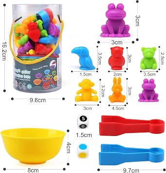 Ballery Colour Sorting Toys, Montessori Counting Toys, 46pcs Rainbow Counting Game with Matching Bowl Dices and Tweezers, Counting Toys Matching Games for 3 4 5 Years Old Boys Girls Kid