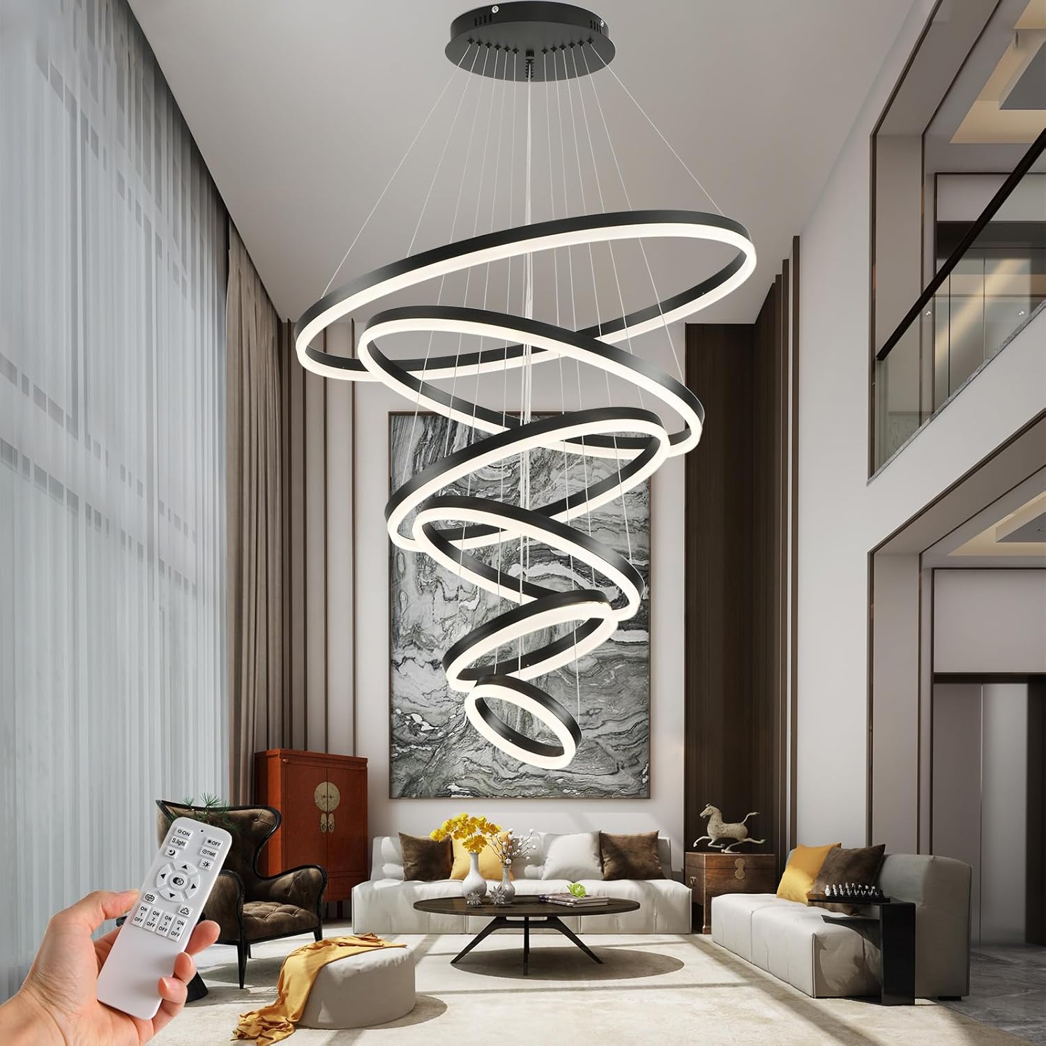 6 Rings Modern LED Black Luxury Light Fixture for Dining Room with Remote Controller Dimmable High Ceiling for Foyer,Entryway,Staise,Multi-Shapes Changeable