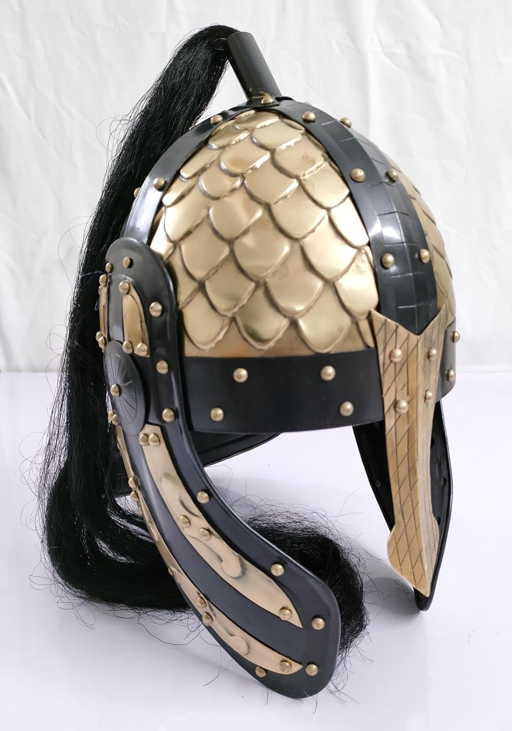 Medieval Snake Helmet, Gold and Black Scale Armor Style with Nose Guard and Black Plume