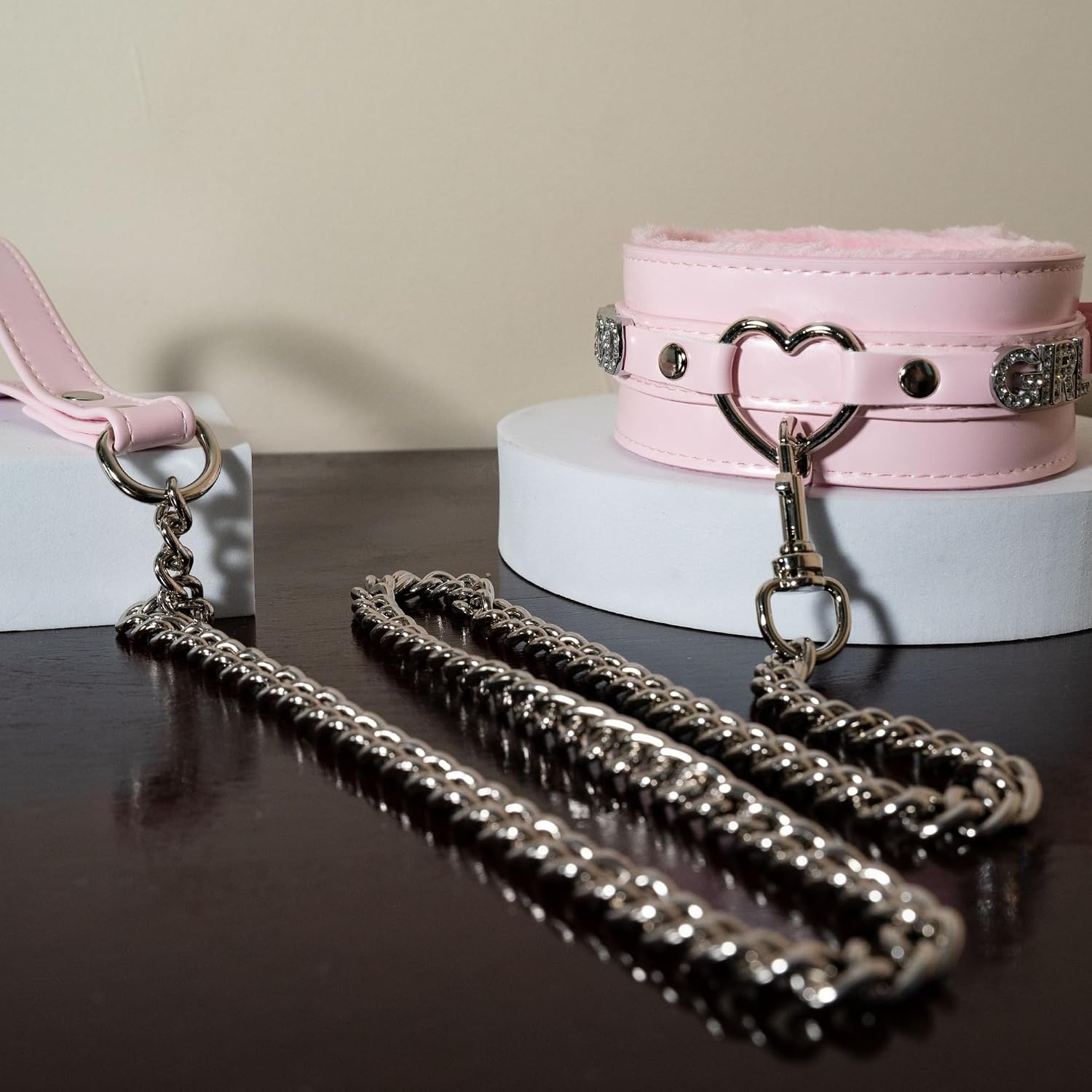 Pink Furry Heart O-ring Leather Choker and 38" Aluminum Chain Leash Set | Durable Hardware & Soft Faux Fur, Solves Matching Set Hassle, Daily Punk Gothic Wear, Avoid Prolonged Moisture