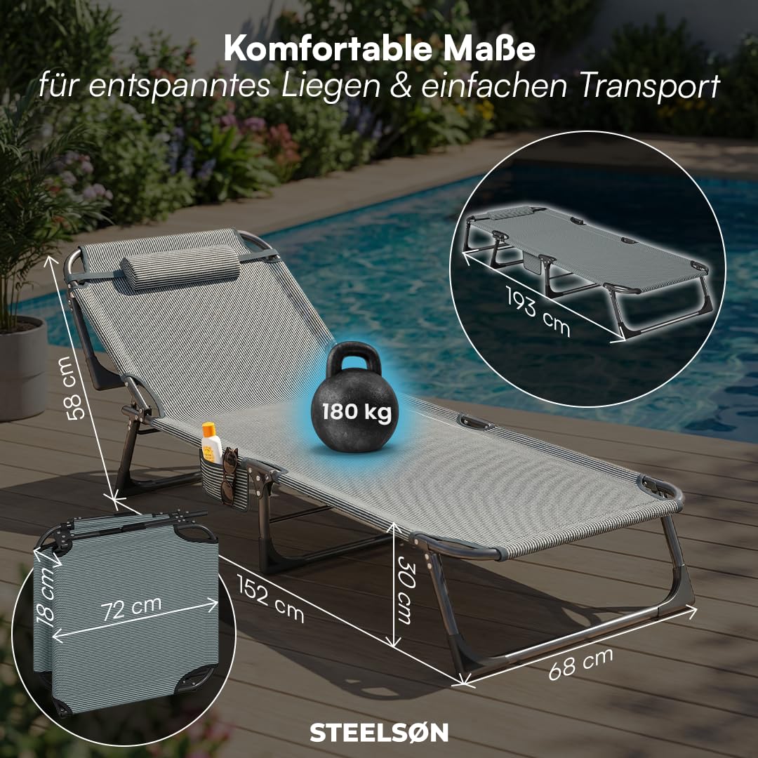 STEELSØN Nysaris Sonnenliege Klappbar – Strandliege in Grau/Schwarz – Outdoor Gartenliege wetterfest – Liegestuhl mit Polsterauflage – leichte Campingliege verstellbar mit Seitentasche – bis 180 kg