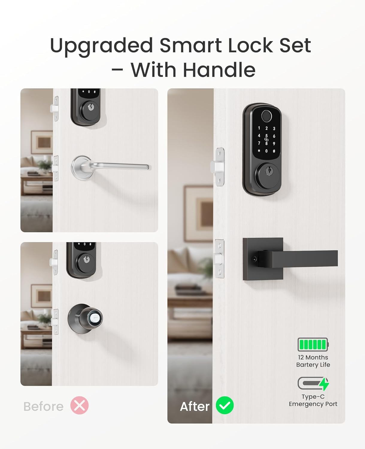 DESLOC B200 Fingerprint Smart Lock with 2 Lever Handles, Keyless Entry Front Door Lock Set, Electronic Keypad Deadbolt, App Control, Auto Lock, Long Battery Life, Secure Home Acces...