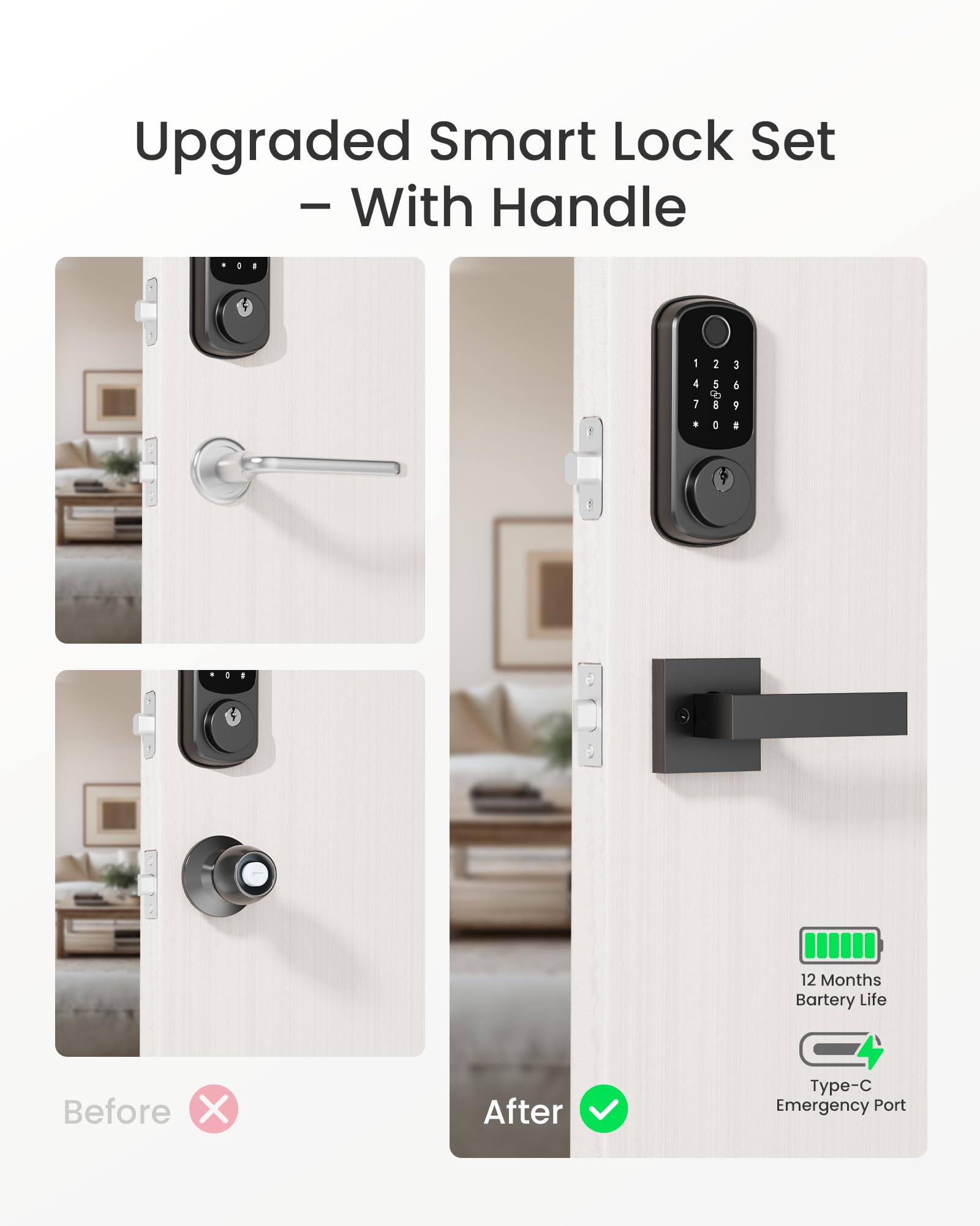DESLOC B200 Fingerprint Smart Lock with 2 Lever Handles, Keyless Entry Front Door Lock Set, Electronic Keypad Deadbolt, App Control, Auto Lock, Long Battery Life, Secure Home Access