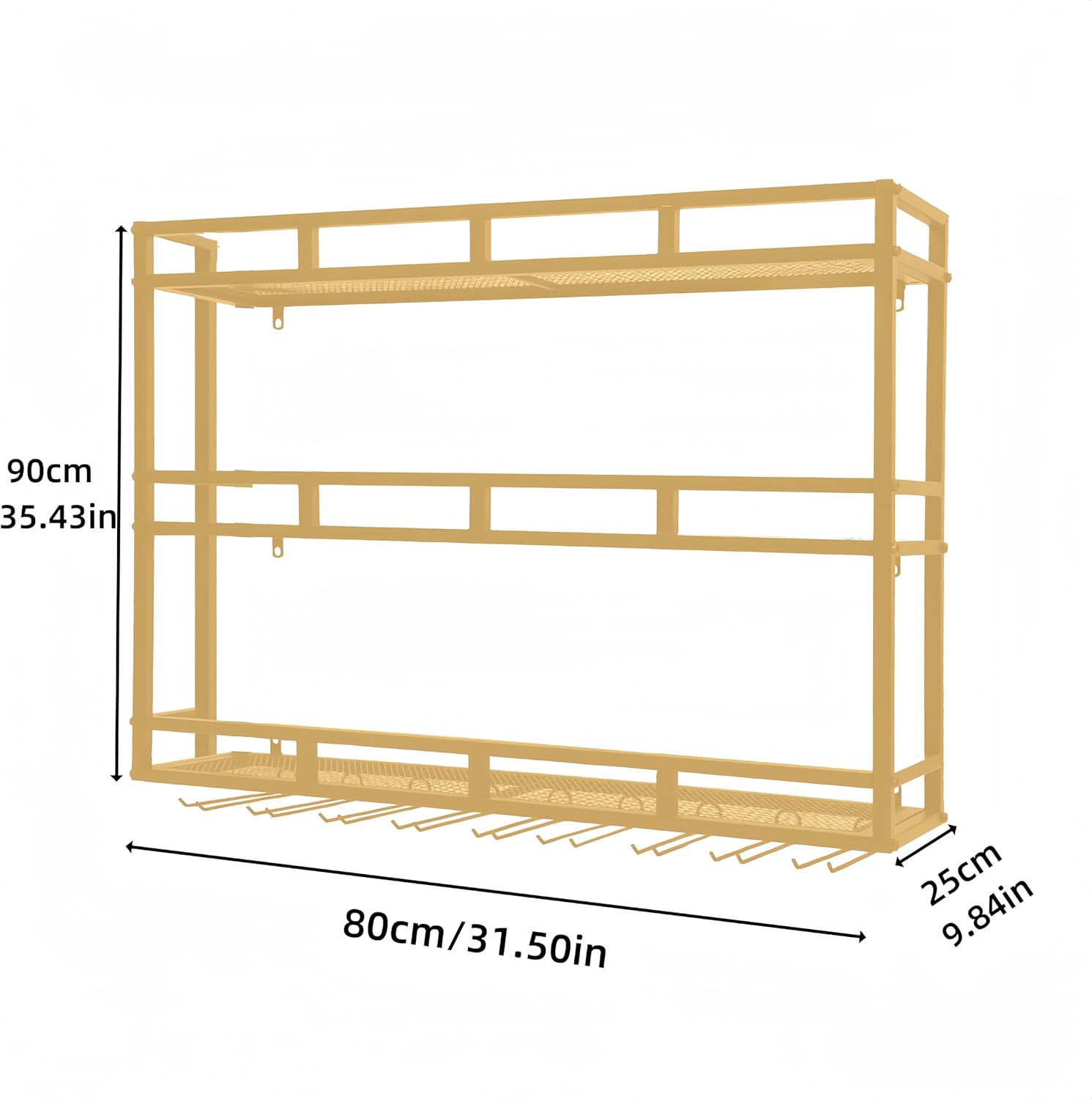 31 Inch Metal Wine Rack Wall Mounted, Bar Shelves for Liquor Bottles with LED Light, 3 Tier Large Capacity Liquor Rack Wall Mounted with Glass Holder for Home Bar & Dining Room, Gold