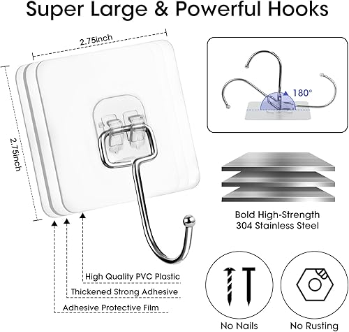 Miniatura 2 de QCJ Ganchos multiusos resistentes de 22 libras, ganchos de pared adhesivos impermeables para la oficina en casa y al aire libre, paquete de 8