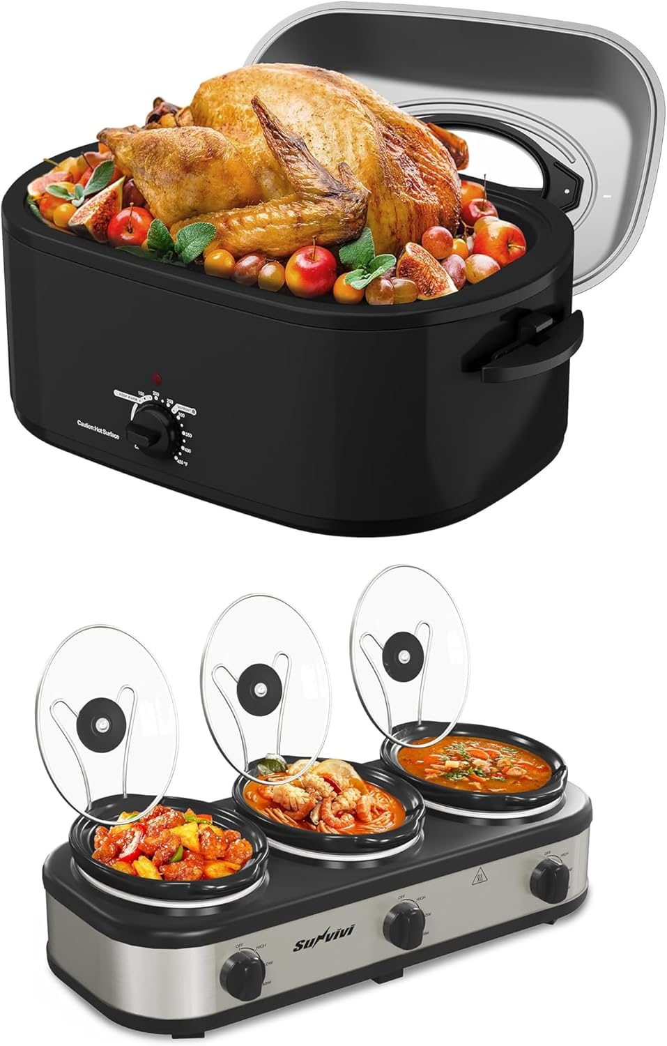 Roaster Oven And Triple Slow Cooker,24 Quart Electric Roaster Oven with Self-Basting Lid,Small Mini Pot with 3 Adjustable Temp & 3 Visible Glass Lids, for Parties.