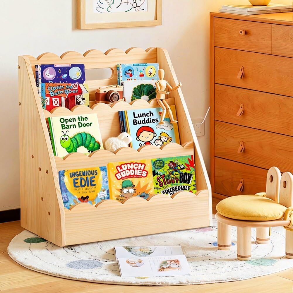 Scalloped Bookshelf for Kids with Handle, 3-Tier Small Wooden Bookcase for Toddlers, Montessori Style Kid Book Shelf for Nursery Room, Bedroom image 3