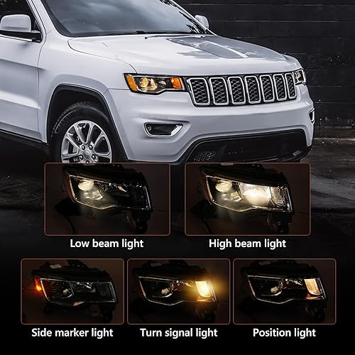 Miniatura 3 de FIONE Conjunto de faros delanteros halógenos compatible con Jeep Grand Cherokee 2017 2018 2019 2020 2021 repuesto con carcasa cromada, marco