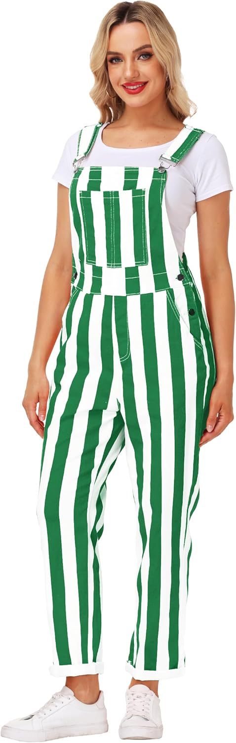 Womens Striped Bibs Overalls Cotton Denim Coveralls Stretch Jeans Jumpsuit - Image 6