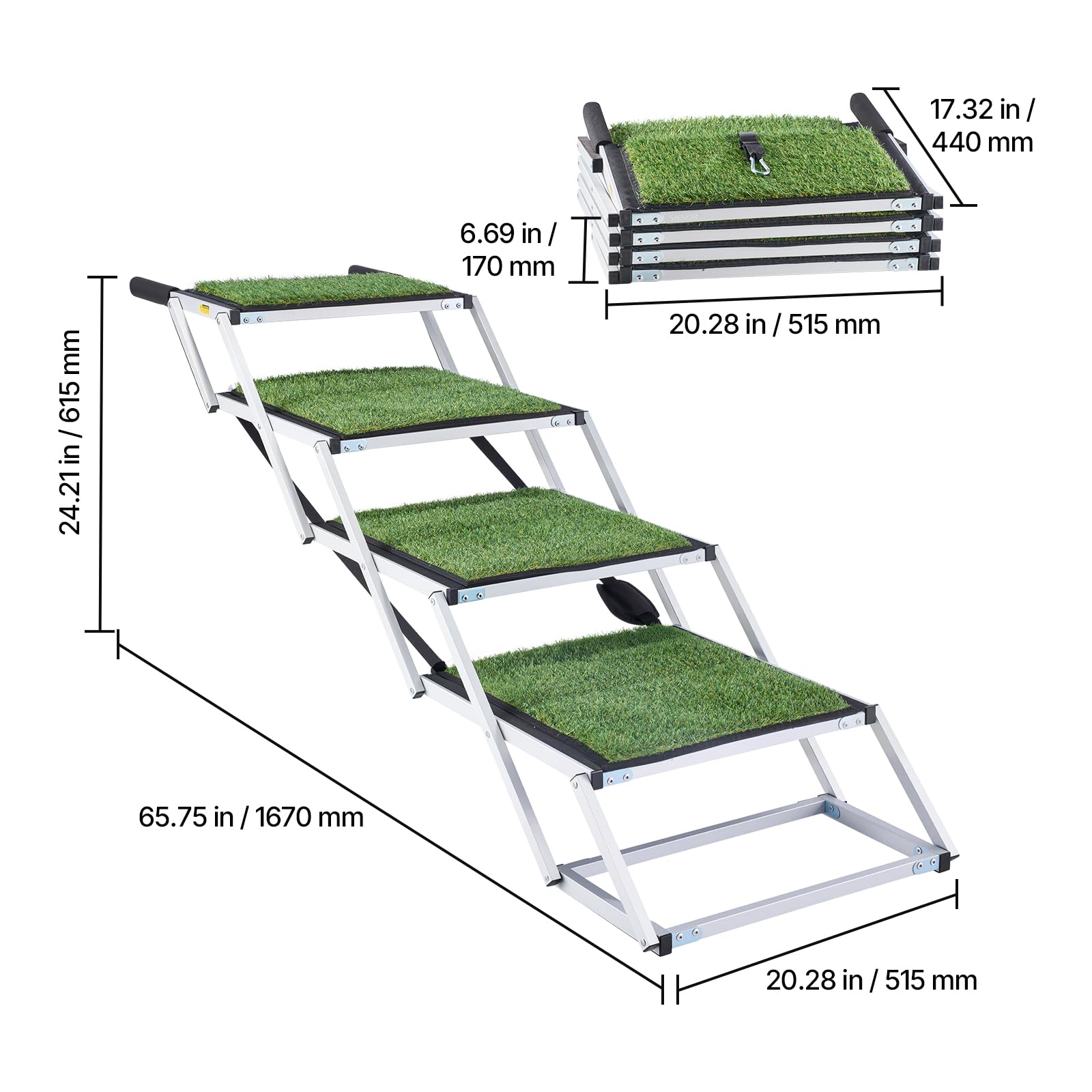 VEVOR Escalera para Perros Plegable para Coche, 4 Peldaños, Rampa para Perros Plegable, Capacidad de Carga de 91 kg, Huella de Hierba Artificial Antideslizante, Ajustable Portátil, Subir a Coche Cama