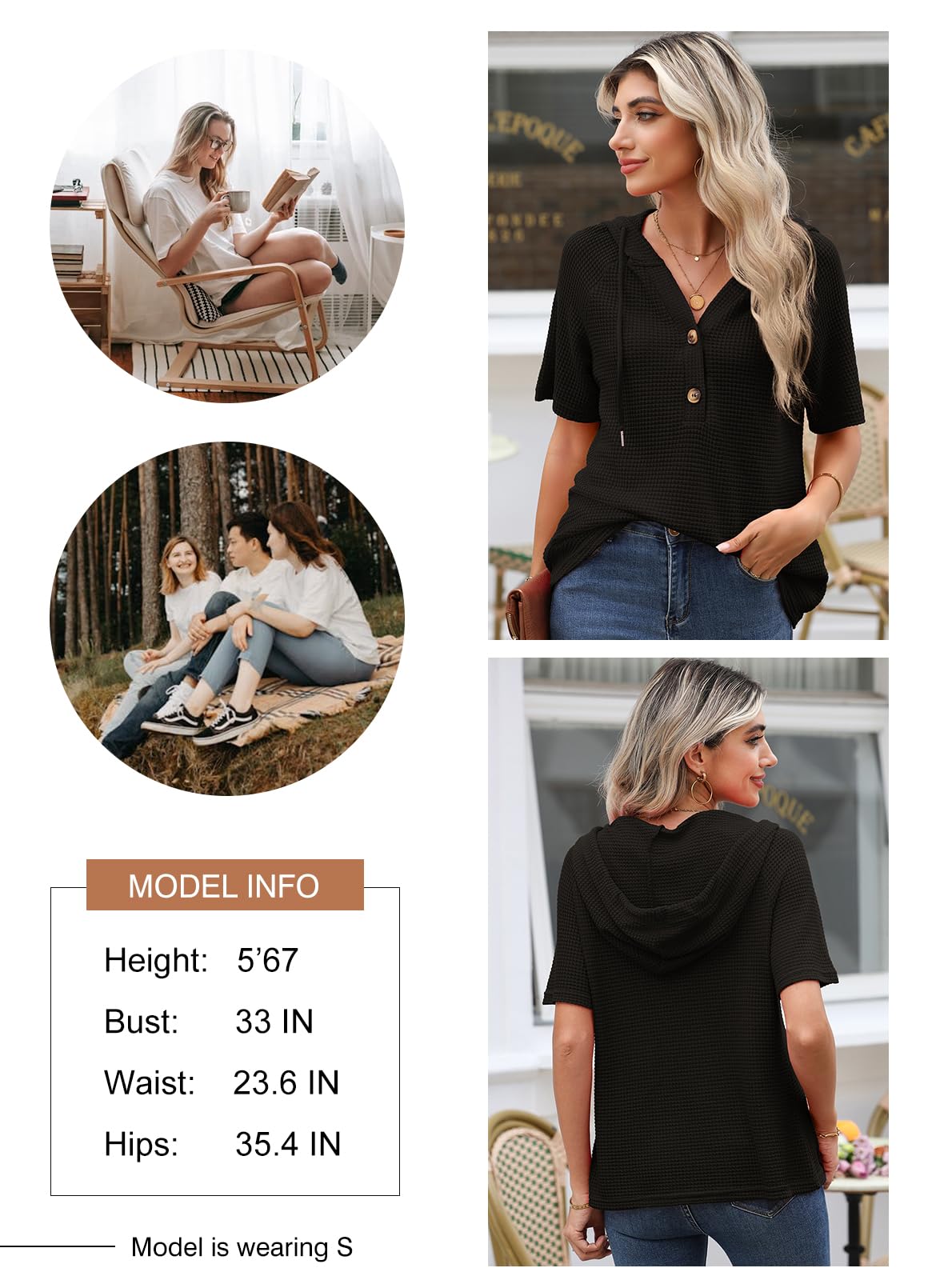 Dokotoo Damen Sommer Hoodie Oberteile Waffel Kurzarm Kapuzenpullover Tunika Oberteil Pullover Kordelzug Sweatshirt Einfarbig Sweatshirts Frauen Lässig Tops T-Shirts S-XXL