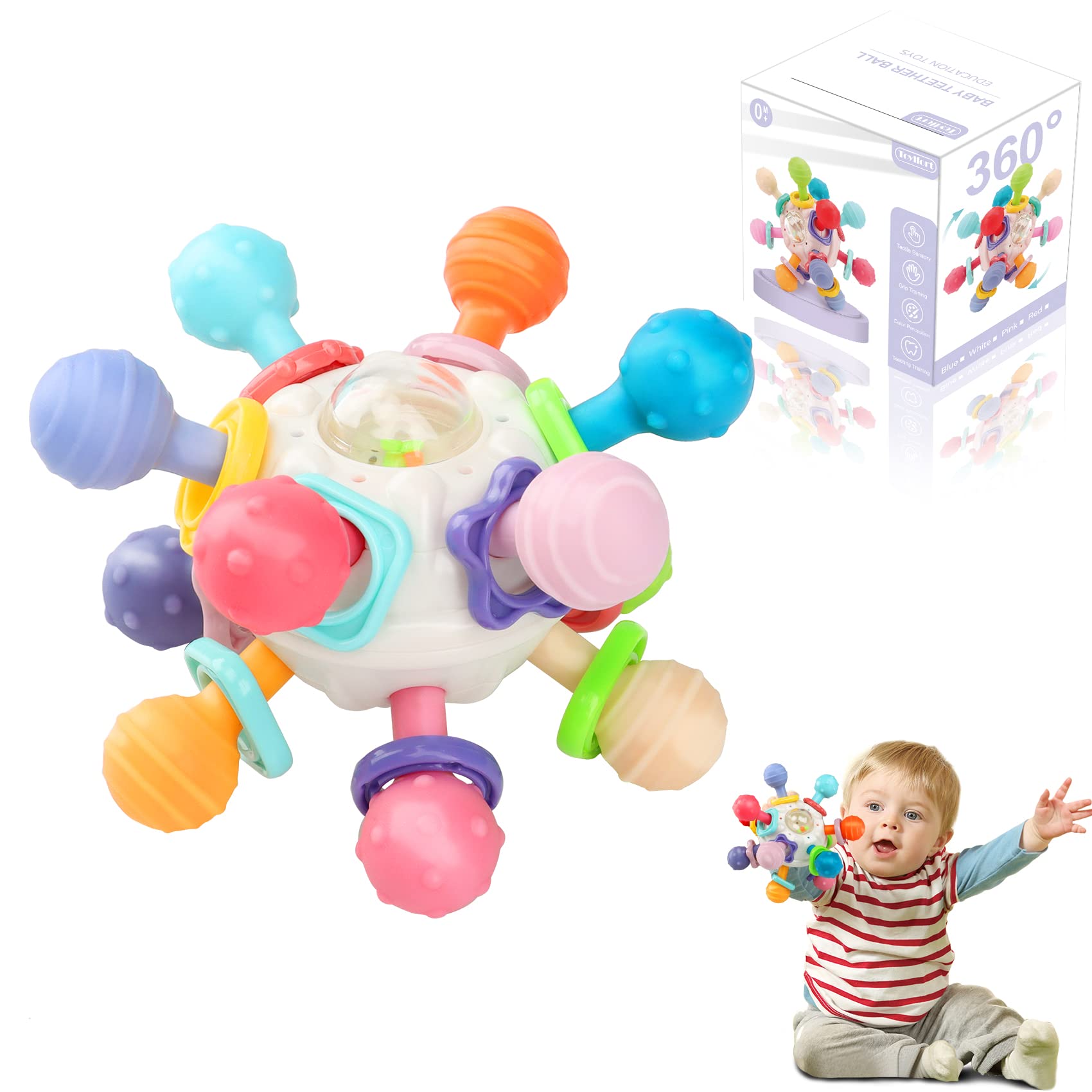 Infant Baby Teething Teether Toys: Teething Toys for Babies 0-6 Months | Baby Teething Toys 6 to 12 Months Baby Teething Ball Toy 0-3 Month Rattle Sensory Infant Toys for 0-3-6-12 Months Baby (White)