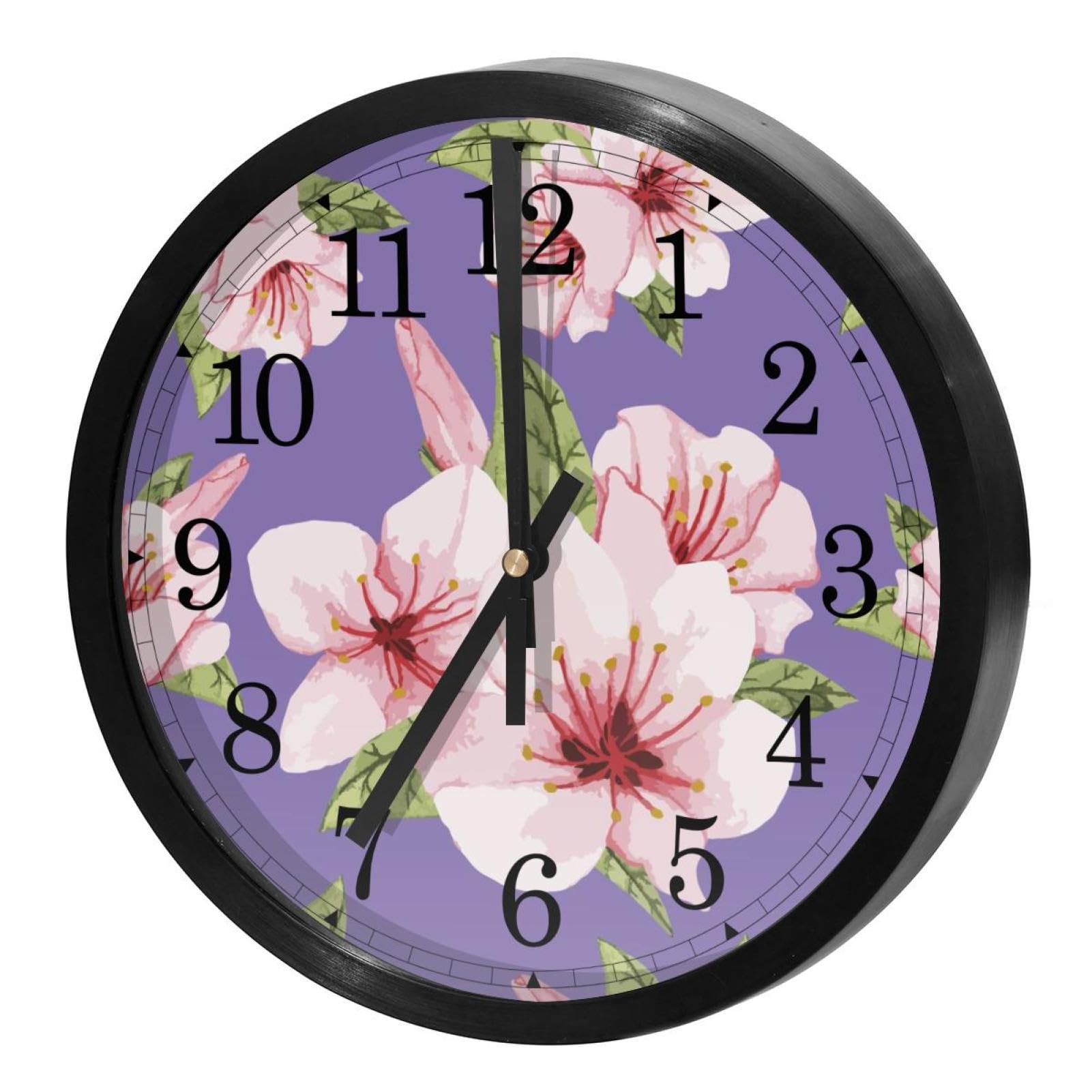 Horloge murale sans tic-tac motif fleur fait main fond rose violet poétique