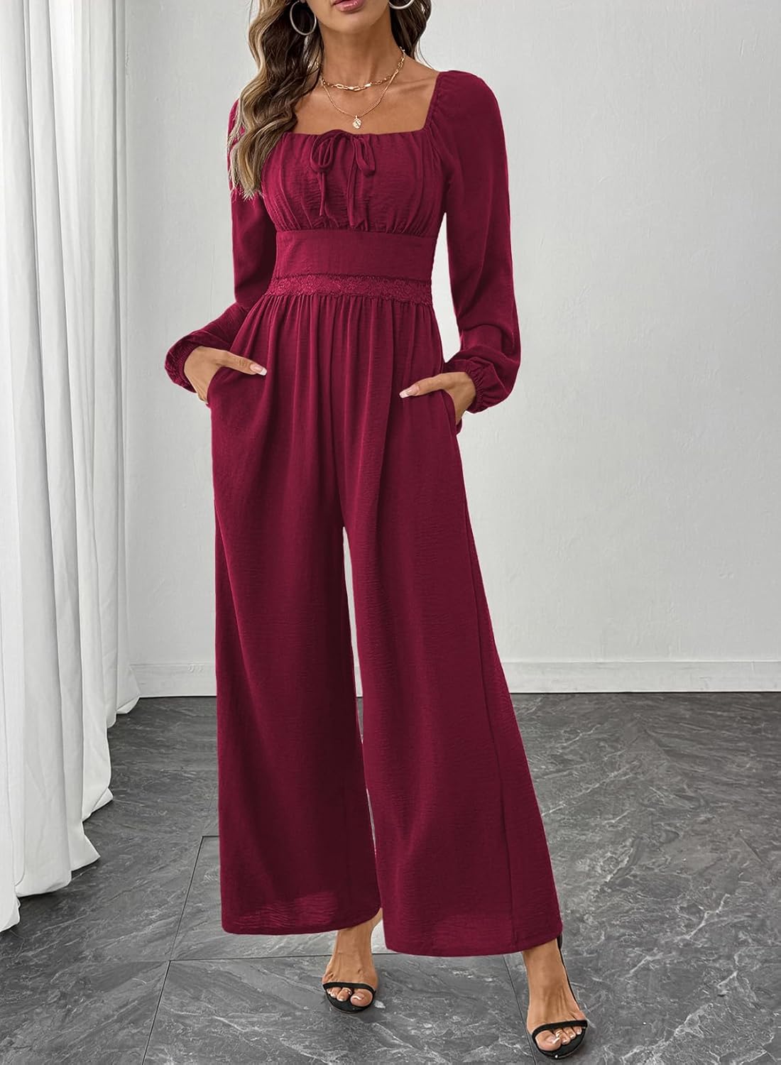 Happy Sailed Women's Long Sleeve Jumpsuits Loose Fit Overalls Square Neck Pockets High Waisted Wide Leg Pants Rompers - Image 5