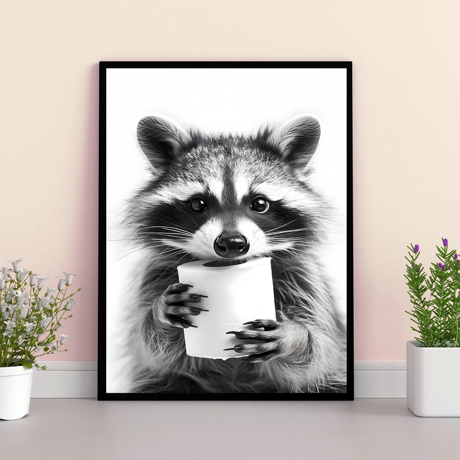 Vintage Fun Wall Art Black and White Raccoon with Toilet Paper Poster Framed Bathroom Wall Art Fun Bathroom Wall Mural Decor Home Bathroom Decor