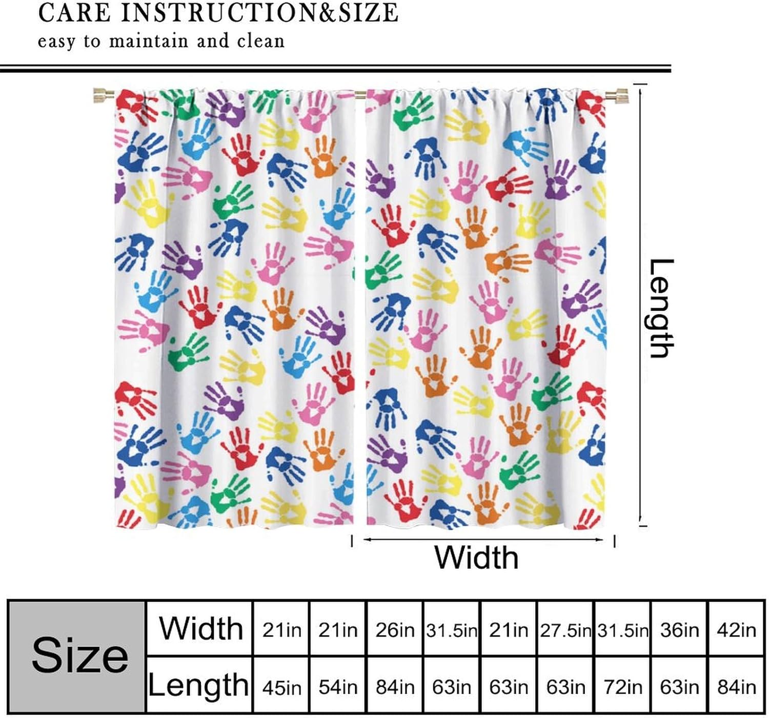 Colorful Handprints Curtains for Kids Back to School Classroom First Day of School Window Treatments Drapes for Kindergarten Classroom Bedroom Living Room W55xL63