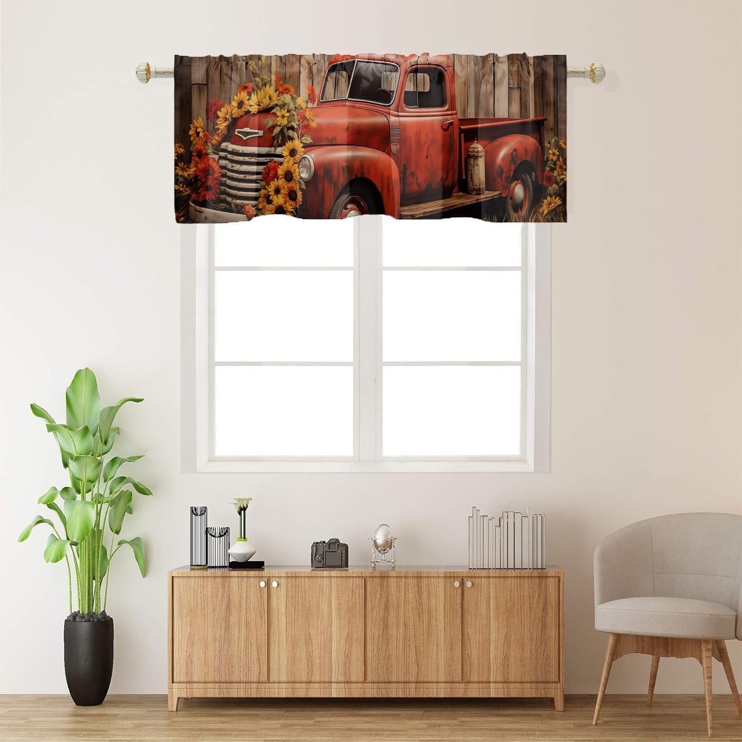 Rustic Farmhouse Curtains Valances Retro Red Truck Vintage Sunflowers Wooden Western Farm Country Rod Pocket Curtain Valances for Kitchen Bathroom Living Room Bedroom Windows 54 X 18 Inch, 1 Panel
