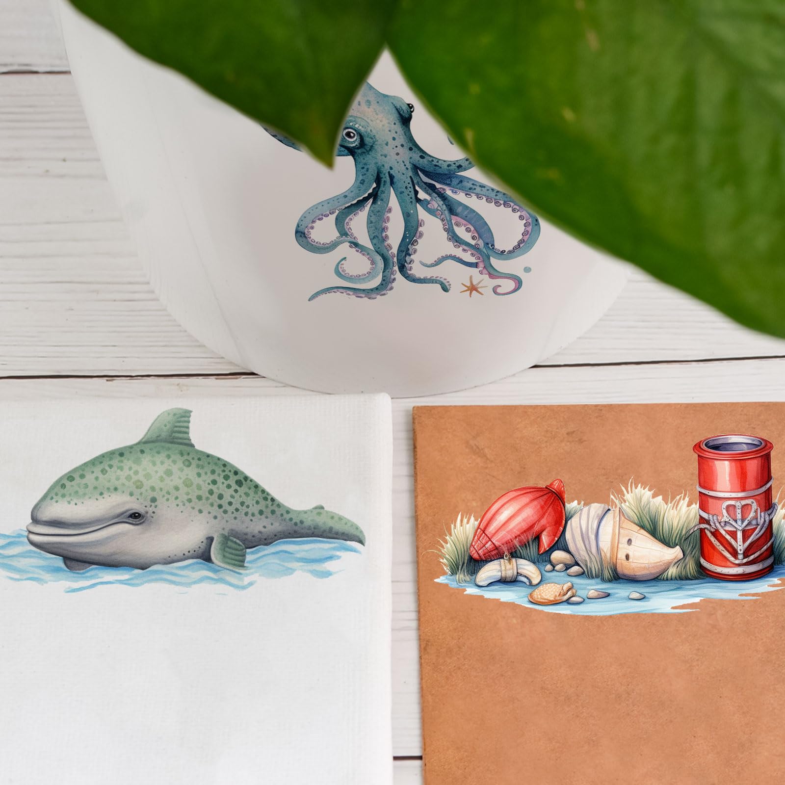WANDIC 16 Fogli Adesivi Transfer A Tema Oceano Con Bastoncini - Motivi Pesce E Subacquei Per Scrapbooking, Diario E Decorazione Creativa