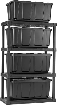 IRIS USA 4-Tier Heavy Duty Plastic Shelving Unit and Heavy Duty Storage Tote Bins, Modular Shelf Garage Rack Organizer + 4-Pack 27 Gallon Storage Containers, Black