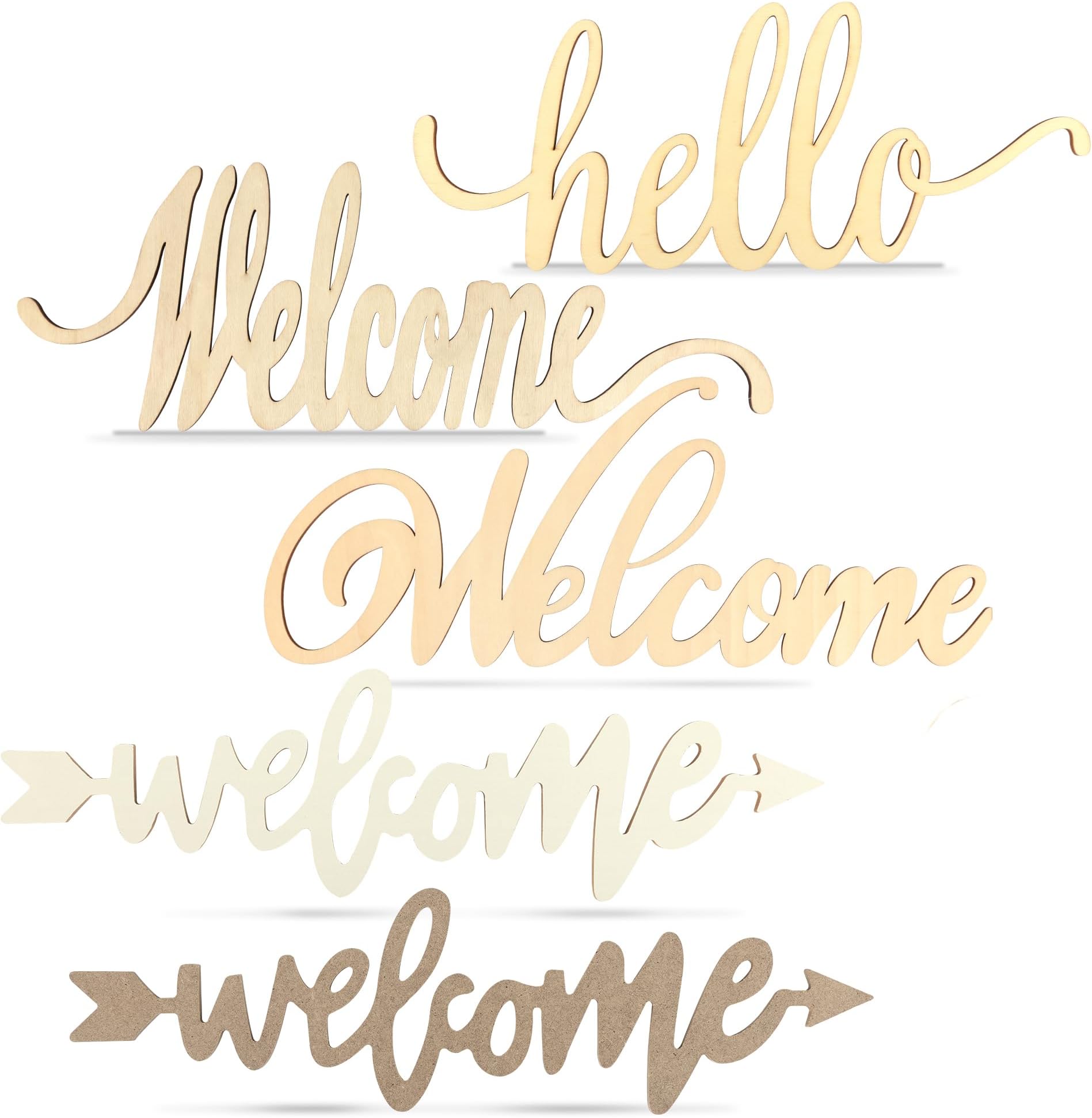 Welcome Hello Unfinished Wooden Letters Sign Wood Cutout Signs for Wreath Blank Decorative Word Signs for Home Front Door and DIY Wall Art Decor (5PCS)