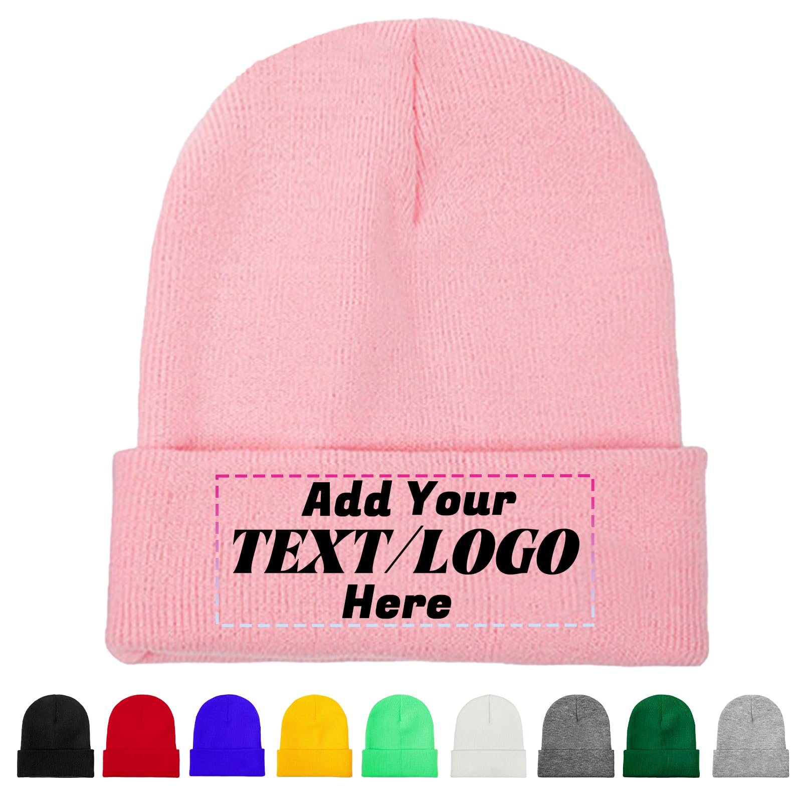 Personalised Beanie Hat, Custom Beanie with Text Logo Image, Custom Men's Skullies & Beanies, Skull Cap Winter Warm Hat for Men (UK, Alpha, One Size, Pink)