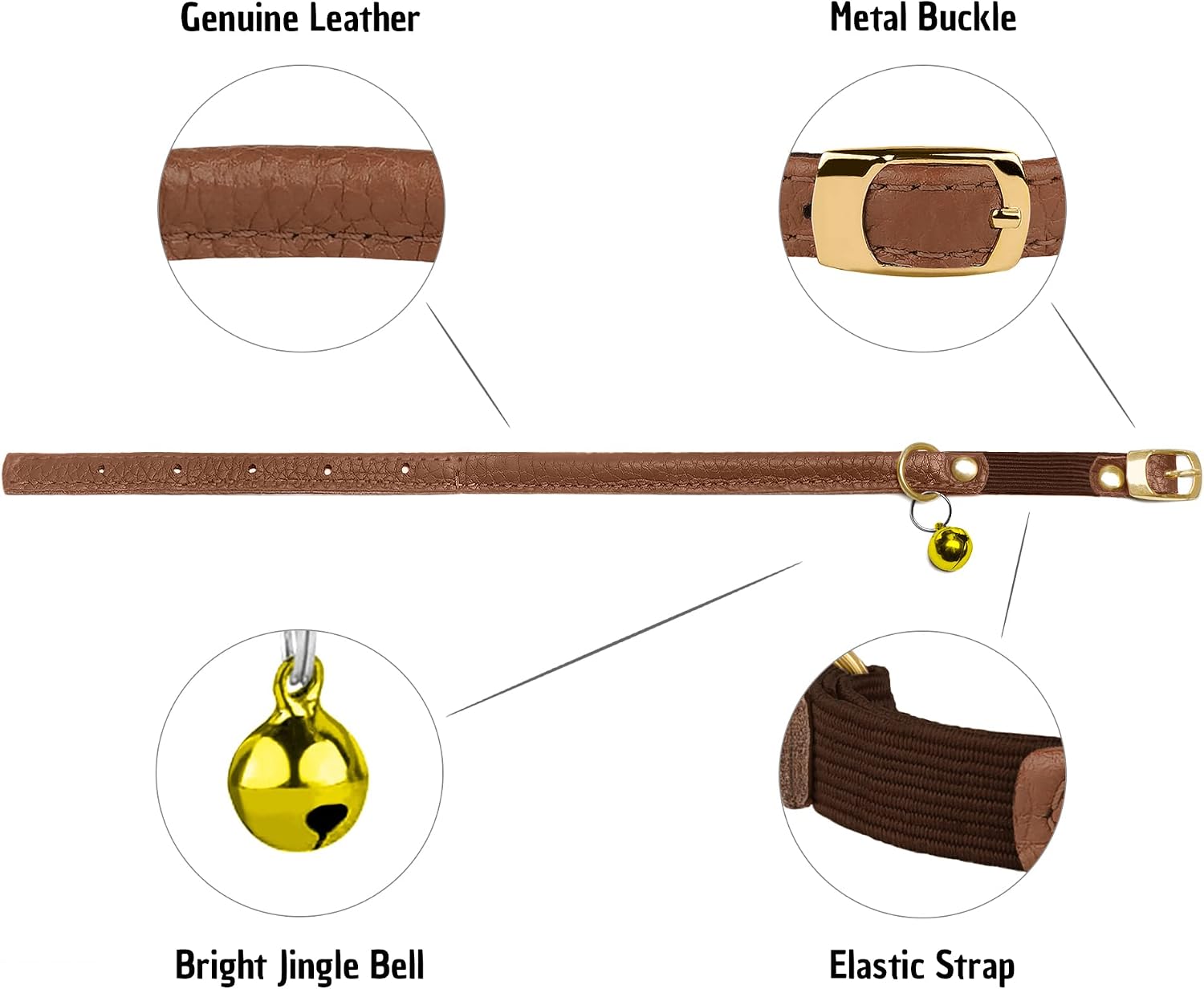 Murom Rolled Leather Cat Collar with Elastic Strap Safety Adjustable Pet Collars for Cats Kitten Yellow Red Pink Blue Orange Brown Gray (Brown)